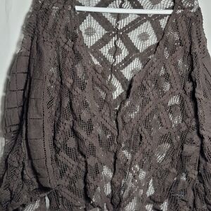 Free People One Size Crochet Lace crop Cardigan Brown Boho Layer concert festiv